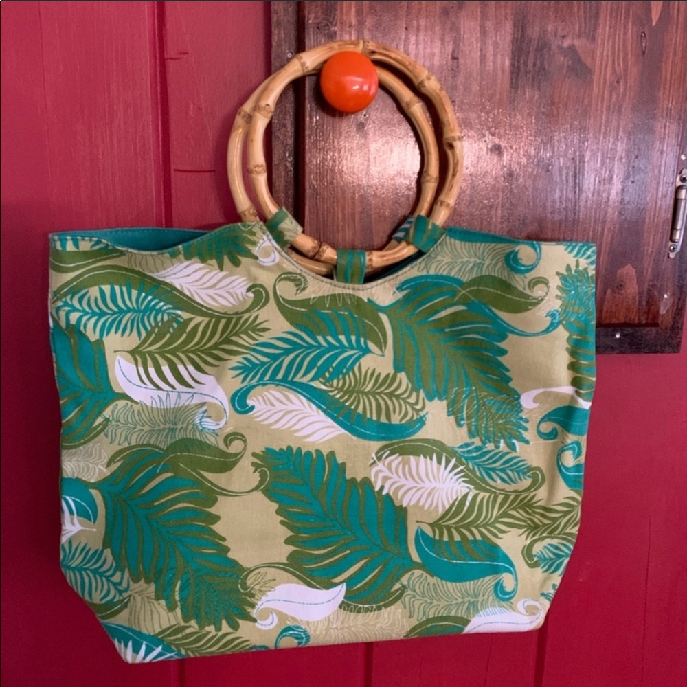 Canvas Leaf Print Tote Bag w/ Rattan Handles